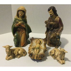 Vintage Nativity Chalkware Japan Holy Family And 2 Sheep Large Figures